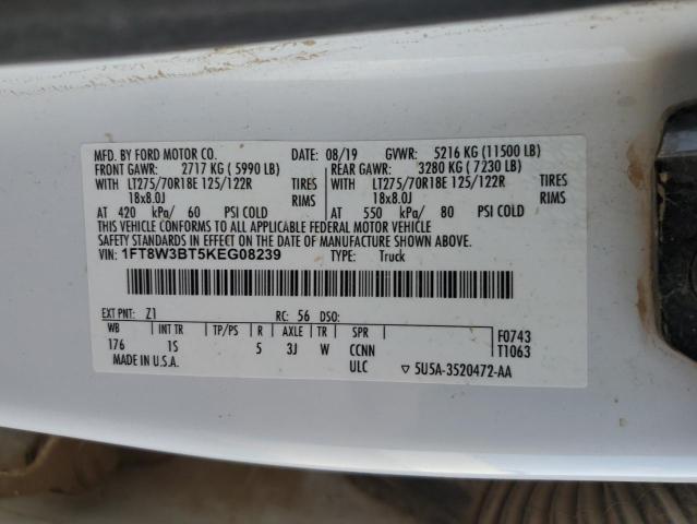 1FT8W3BT5KEG08239 - 2019 FORD F350 SUPER DUTY WHITE photo 12