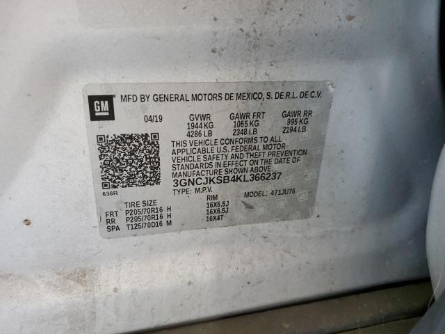 3GNCJKSB4KL366237 - 2019 CHEVROLET TRAX LS SILVER photo 13