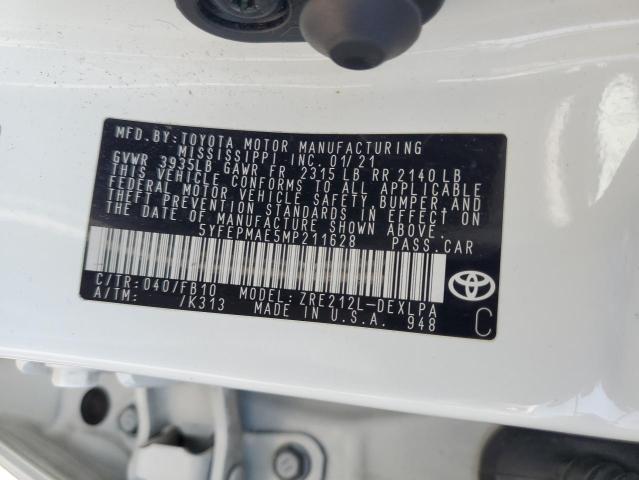 5YFEPMAE5MP211628 - 2021 TOYOTA COROLLA LE WHITE photo 12