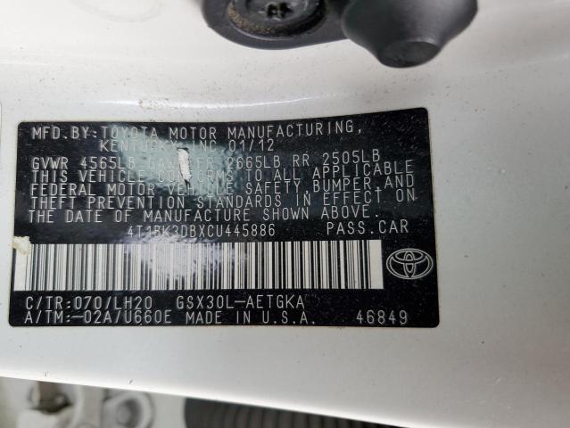 4T1BK3DBXCU445886 - 2012 TOYOTA AVALON BASE WHITE photo 12