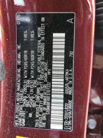 5TDKKRFHXFS101332 - 2015 TOYOTA HIGHLANDER XLE MAROON photo 14