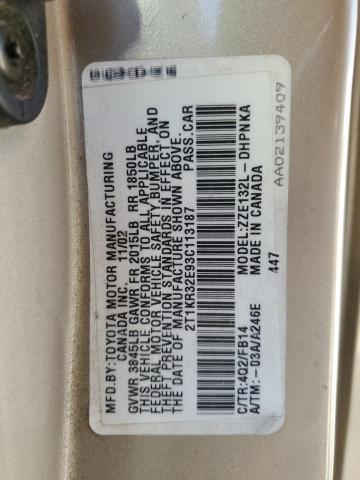 2T1KR32E93C113187 - 2003 TOYOTA COROLLA MA XR TAN photo 12