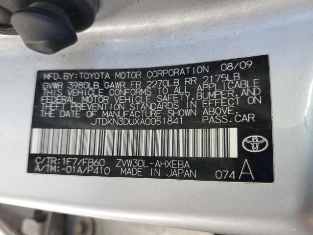 JTDKN3DUXA0051841 - 2010 TOYOTA PRIUS SILVER photo 12