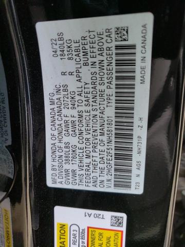 2HGFE2F51NH581801 - 2022 HONDA CIVIC SPORT შავი ფოტო 12