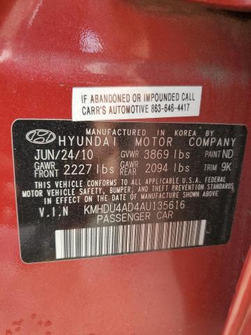 KMHDU4AD4AU135616 - 2010 HYUNDAI ELANTRA BLUE RED photo 12