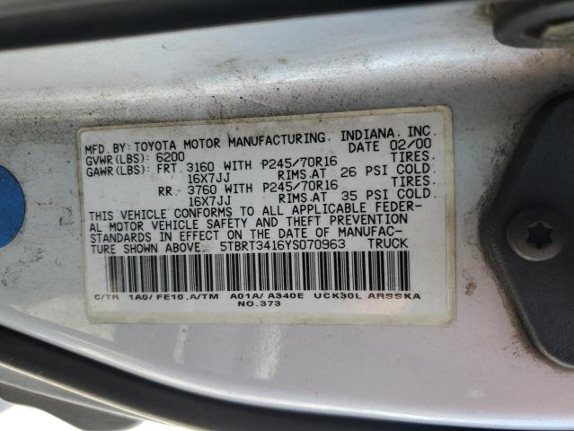 5TBRT3416YS070963 - 2000 TOYOTA TUNDRA ACCESS CAB SILVER photo 12