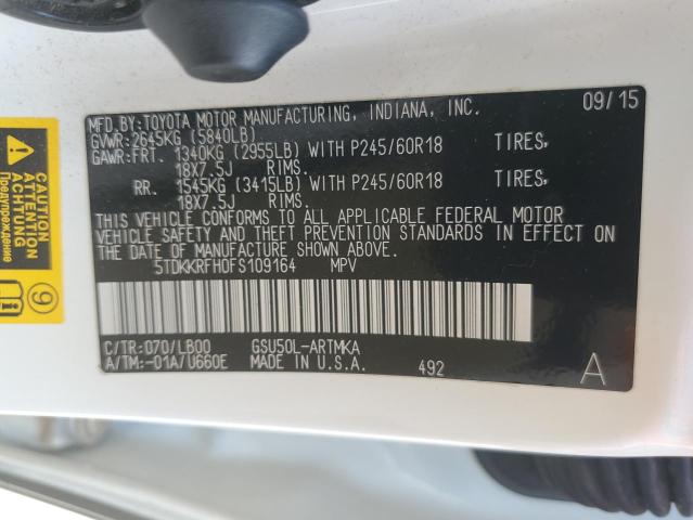 5TDKKRFH0FS109164 - 2015 TOYOTA HIGHLANDER XLE 白色 照片 13