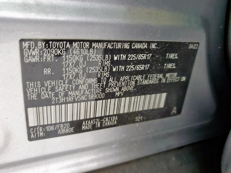 2T3H1RFV5NC189000 - 2022 TOYOTA RAV4 LE SILVER photo 13