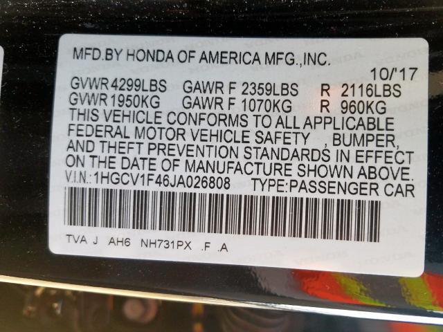 1HGCV1F46JA026808 - 2018 HONDA ACCORD EX  photo 10