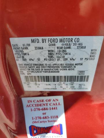 1FMCU03719KB46849 - 2009 FORD ESCAPE XLT RED photo 13