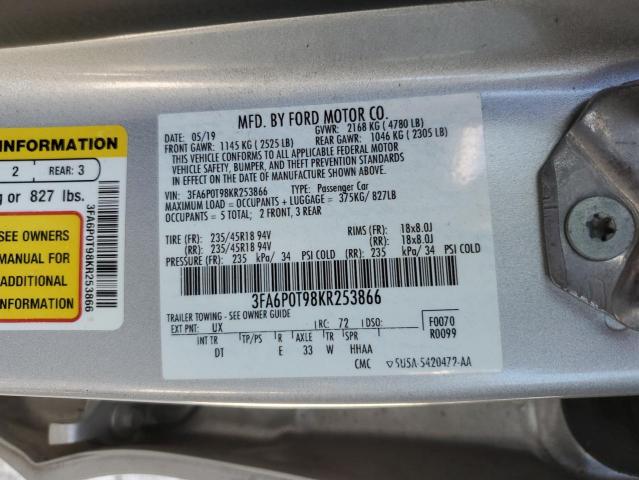 3FA6P0T98KR253866 - 2019 FORD FUSION SE SILVER photo 12