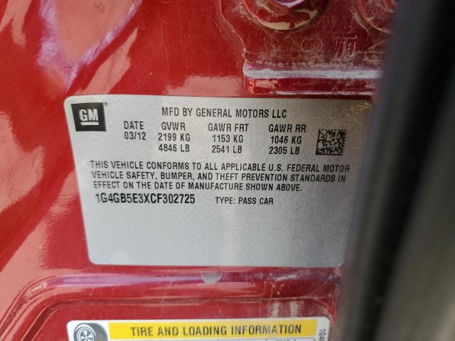 1G4GB5E3XCF302725 - 2012 BUICK LACROSSE CONVENIENCE RED photo 13