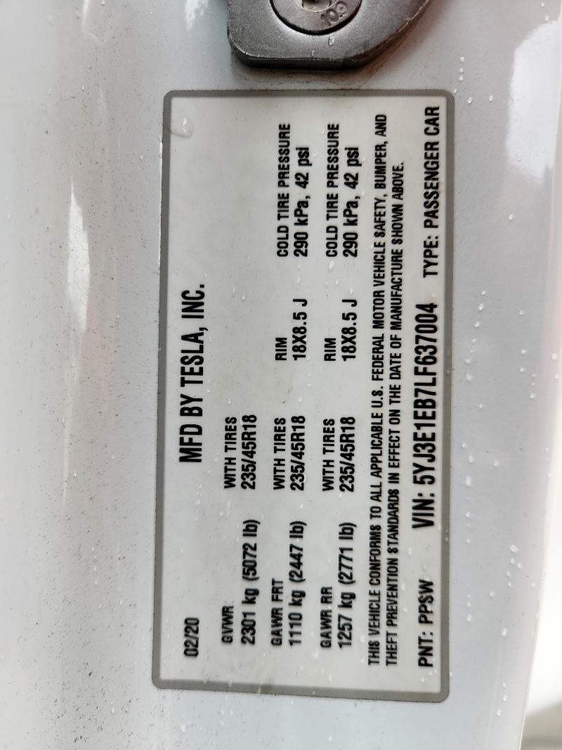 5YJ3E1EB7LF637004 - 2020 TESLA MODEL 3 WHITE photo 13