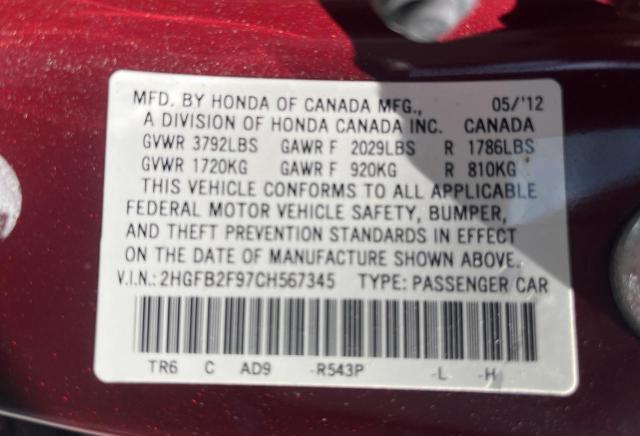 2HGFB2F97CH567345 - 2012 HONDA CIVIC EXL 勃艮第红 照片 10