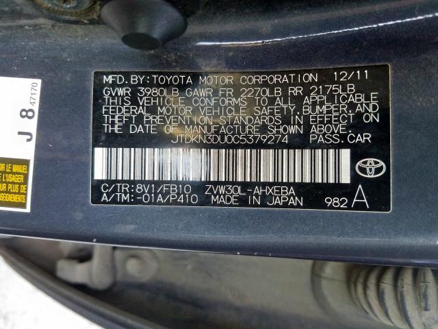 JTDKN3DU0C5379274 - 2012 TOYOTA PRIUS GRAY photo 10