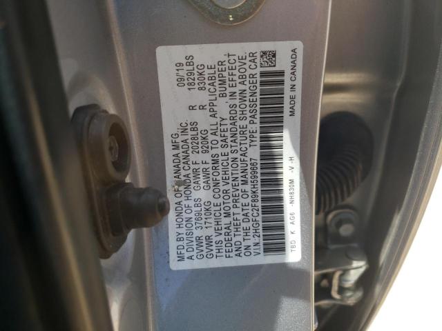 2HGFC2F89KH599667 - 2019 HONDA CIVIC SPORT SILVER photo 12