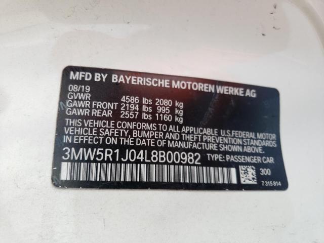 3MW5R1J04L8B00982 - 2020 BMW 330I WHITE photo 12