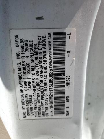 1HGEM21175L050625 - 2005 HONDA CIVIC DX VP თეთრი ფოტო 12