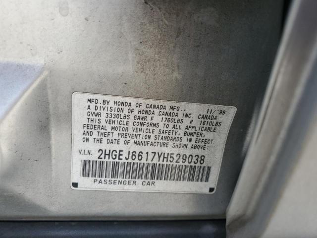 2HGEJ6617YH529038 - 2000 HONDA CIVIC BASE SILVER photo 12