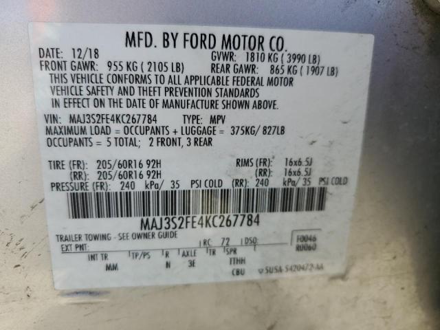 MAJ3S2FE4KC267784 - 2019 FORD ECOSPORT S SILVER photo 12