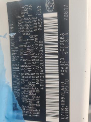 4T1F31AK2LU523486 - 2020 TOYOTA CAMRY XLE 白色 照片 12