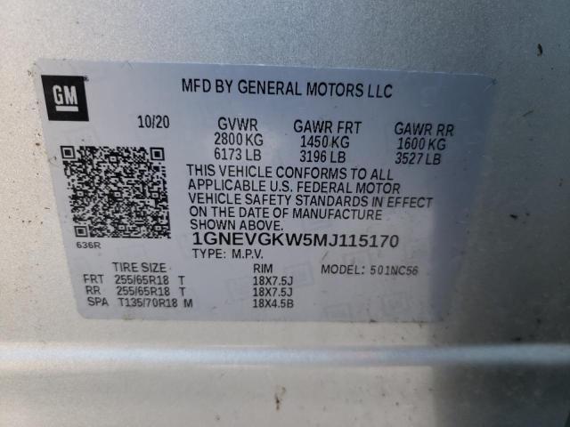 1GNEVGKW5MJ115170 - 2021 CHEVROLET TRAVERSE L SILVER photo 10