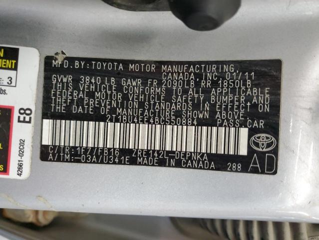 2T1BU4EE4BC550884 - 2011 TOYOTA COROLLA BASE SILVER photo 12