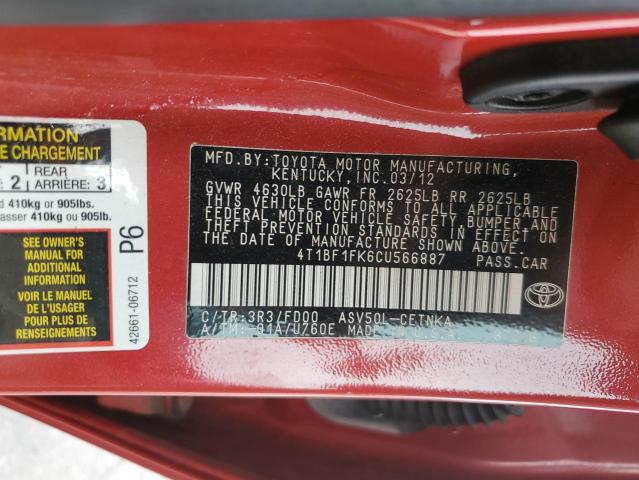 4T1BF1FK6CU566887 - 2012 TOYOTA CAMRY BASE RED photo 13