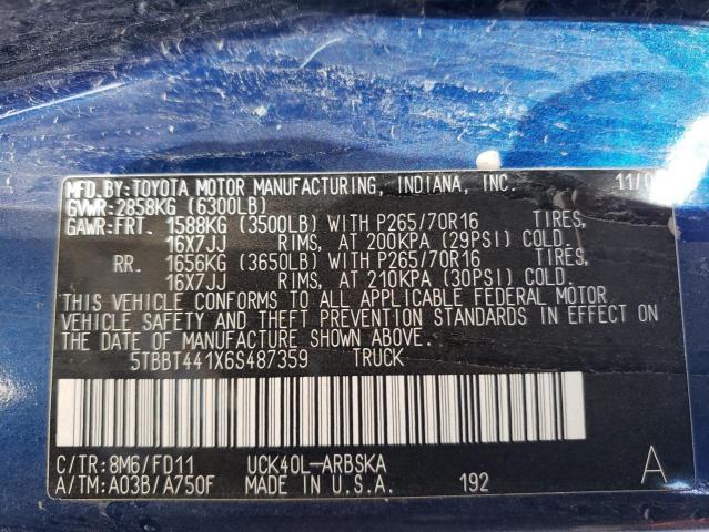 5TBBT441X6S487359 - 2006 TOYOTA TUNDRA ACCESS CAB SR5 BLUE photo 12