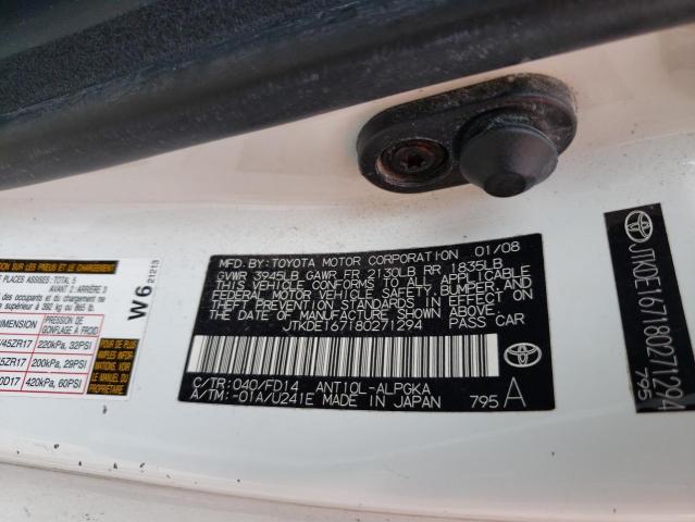 JTKDE167180271294 - 2008 TOYOTA SCION TC WHITE photo 13
