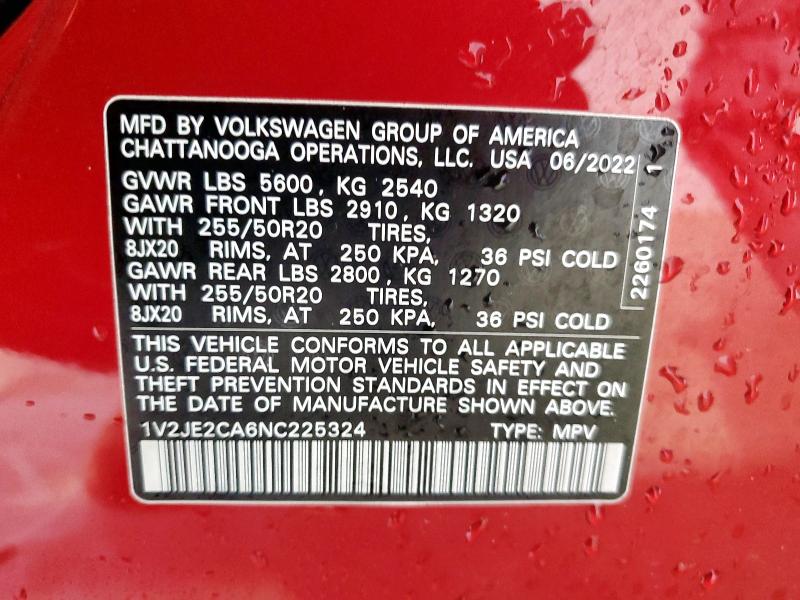 1V2JE2CA6NC225324 - 2022 VOLKSWAGEN ATLAS CROS SE RED photo 13