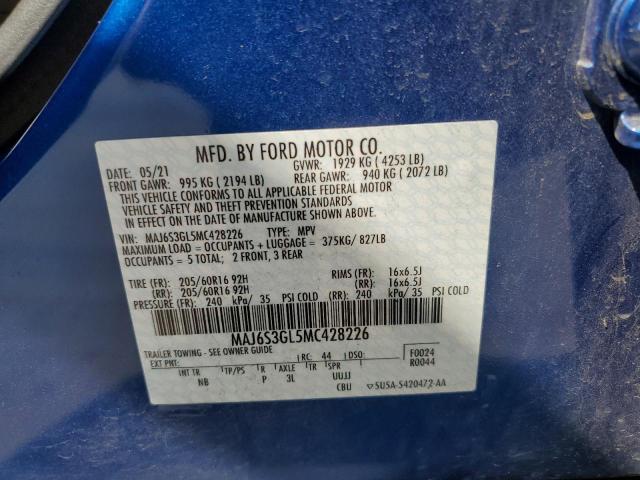 MAJ6S3GL5MC428226 - 2021 FORD ECOSPORT SE BLUE photo 14