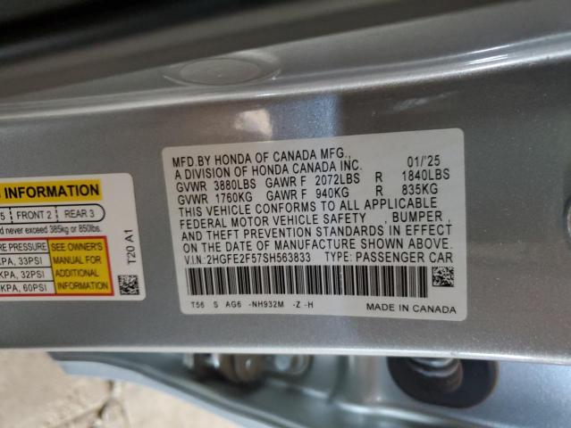 2HGFE2F57SH563833 - 2025 HONDA CIVIC SPORT Сұр фото 13