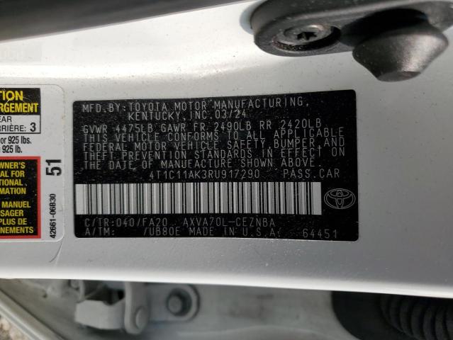 4T1C11AK3RU917290 - 2024 TOYOTA CAMRY LE 白色 照片 12