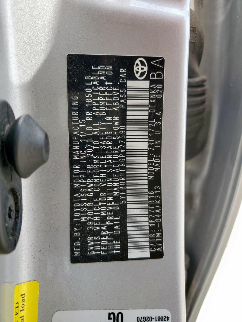 5YFBURHE8GP427590 - 2016 TOYOTA COROLLA L SILVER photo 12