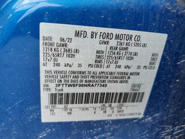 3FTTW8F98NRA77349 - 2022 FORD MAVERICK XL BLUE photo 13