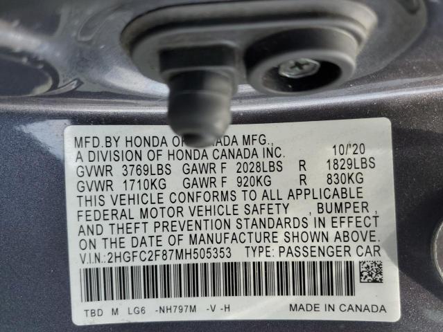2HGFC2F87MH505353 - 2021 HONDA CIVIC SPORT GRAY photo 13
