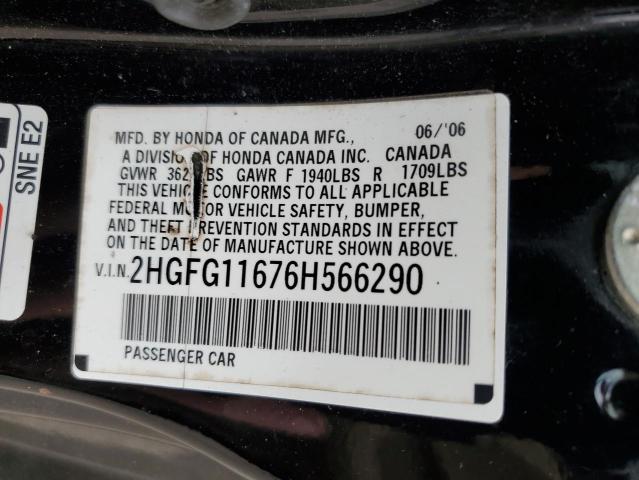 2HGFG11676H566290 - 2006 HONDA CIVIC LX BLACK photo 12