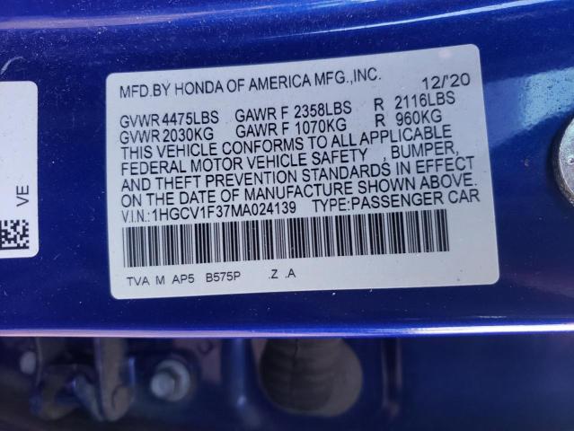 1HGCV1F37MA024139 - 2021 HONDA ACCORD SPORT ლურჯი ფოტო 12