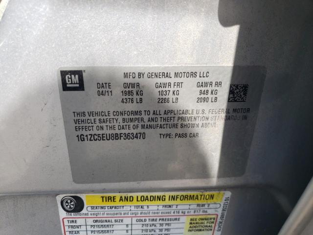 1G1ZC5EU8BF363470 - 2011 CHEVROLET MALIBU 1LT 银色 照片 12