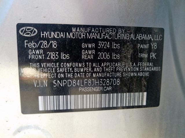 5NPD84LF8JH328708 - 2018 HYUNDAI ELANTRA SEL  photo 10