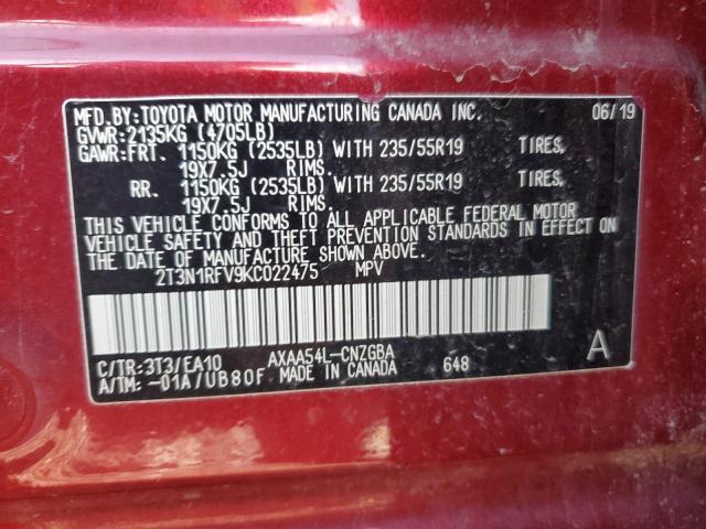 2T3N1RFV9KC022475 - 2019 TOYOTA RAV4 LIMITED Rot Foto 14