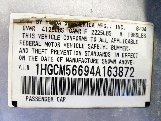 1HGCM56694A163872 - 2004 HONDA ACCORD EX  photo 10