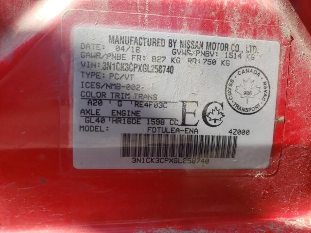 3N1CK3CPXGL258740 - 2016 NISSAN MICRA RED photo 12