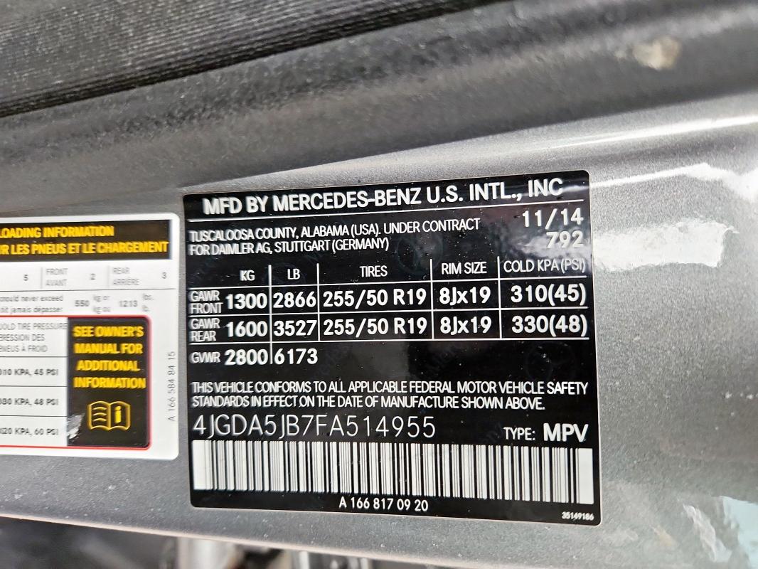 4JGDA5JB7FA514955 - 2015 MERCEDES-BENZ ML 350 灰色 照片 13