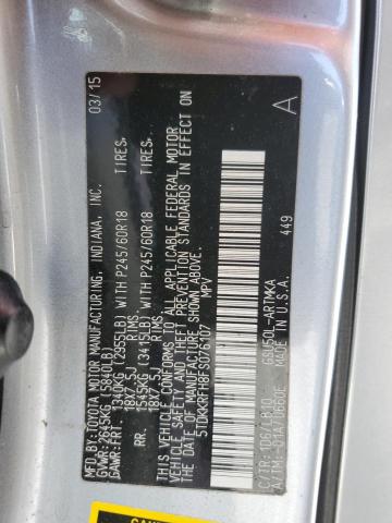 5TDKKRFH8FS076107 - 2015 TOYOTA HIGHLANDER XLE SILVER photo 13