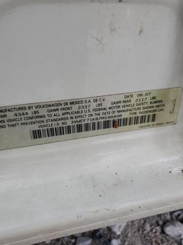 3VWEF71K87M198408 - 2007 VOLKSWAGEN JETTA WOLFSBURG 白色 照片 12
