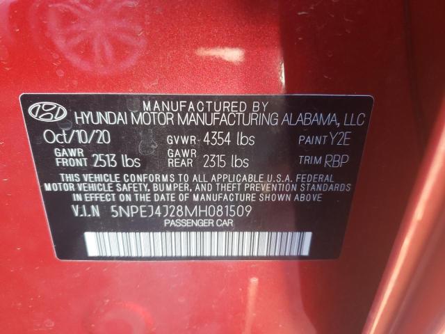 5NPEJ4J28MH081509 - 2021 HYUNDAI SONATA SEL PLUS RED photo 10