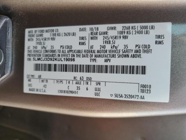 5LMCJ3D92KUL19098 - 2019 LINCOLN MKC RESERVE თაფლისფერი ფოტო 13