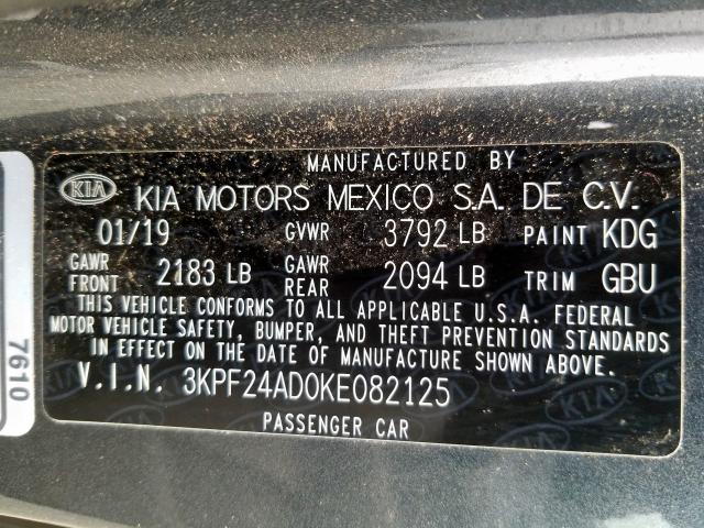 3KPF24AD0KE082125 - 2019 KIA FORTE FE  photo 10